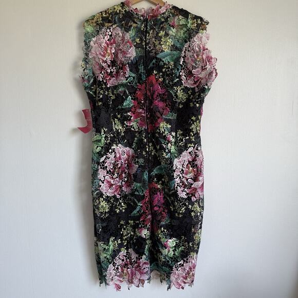 PAPER DOLLS London High Neck Black Pink Floral Crochet Lace Pencil Midi Dress 16 - Picture 7 of 15